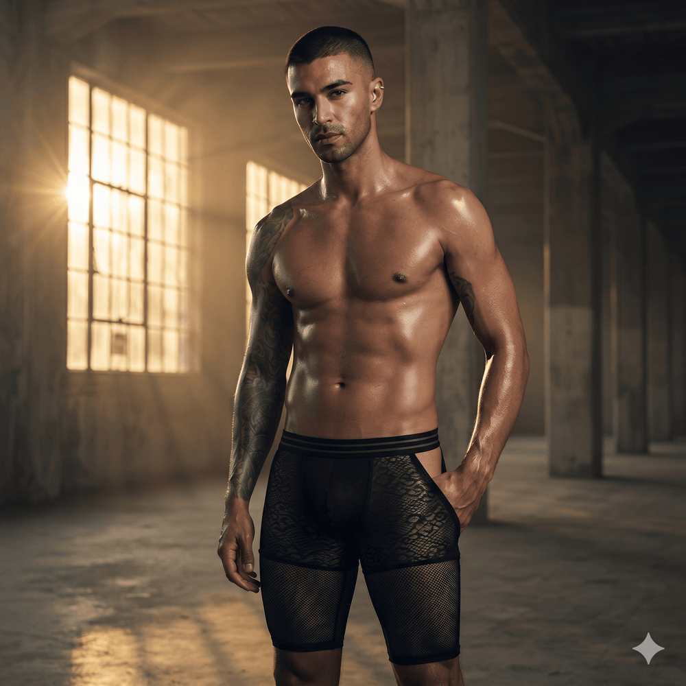 Model wearing black sheer lace-panel pants with fishnet lower legs and side cutouts