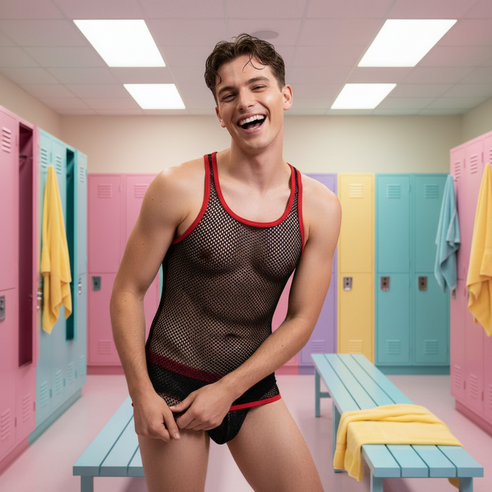 Smiling person models a sheer black fishnet tank with red trim in a colorful locker room