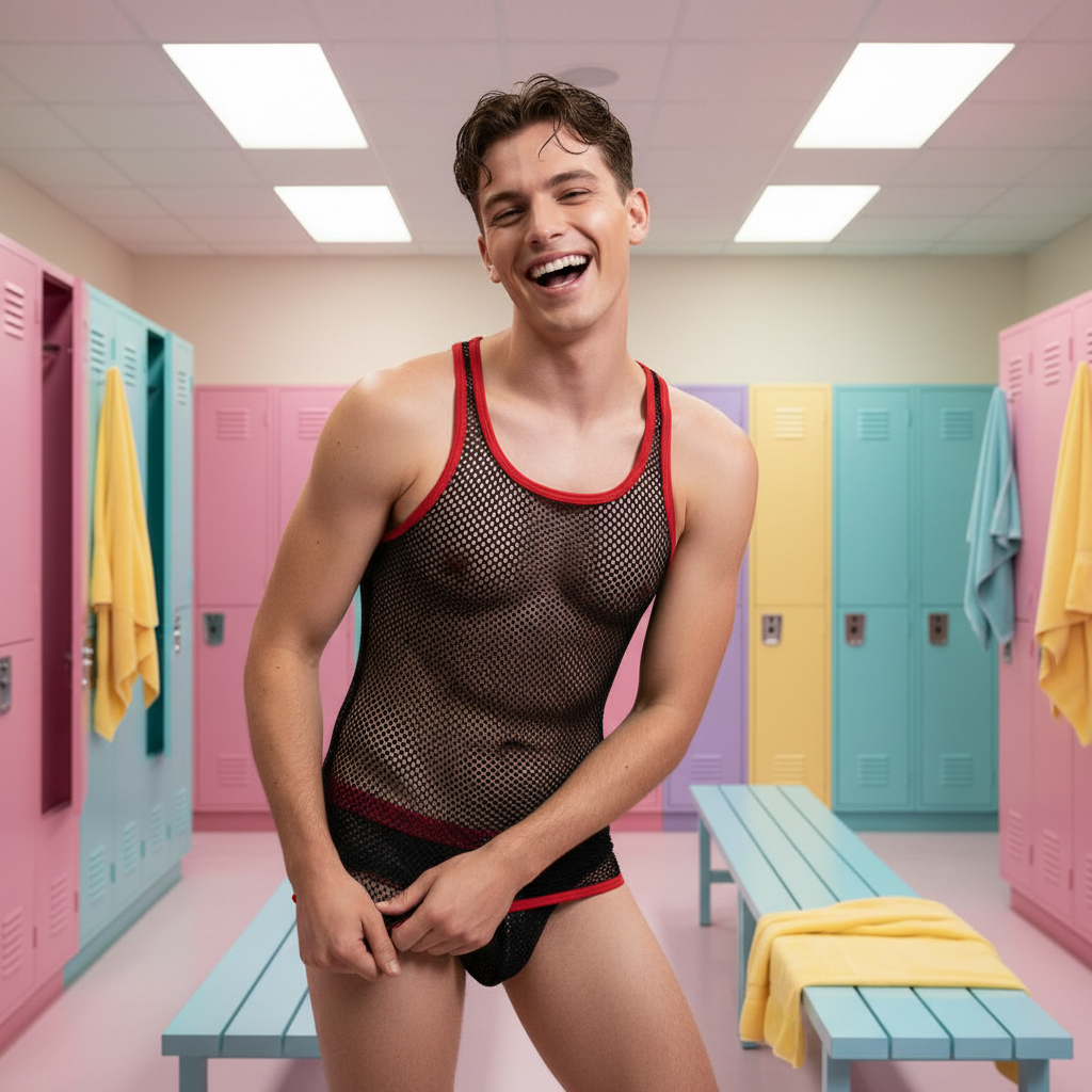 Smiling person models a sheer black fishnet tank with red trim in a colorful locker room