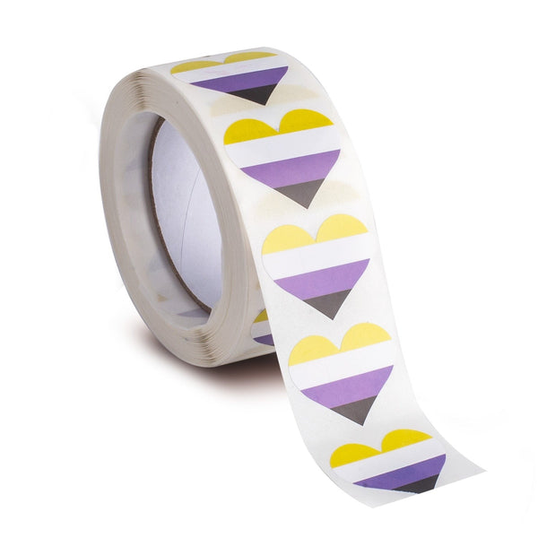 Roll of non-binary pride heart stickers with a strip unrolled on a white background