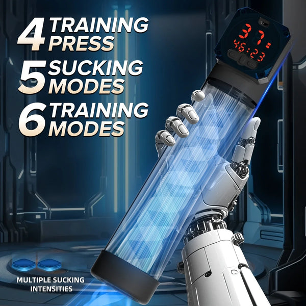 Angled digital illustration of a clear vacuum pump with a red display and robotic hand