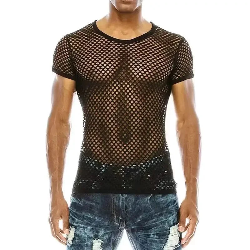 Front view of a model wearing a black short-sleeve fishnet mesh T-shirt
