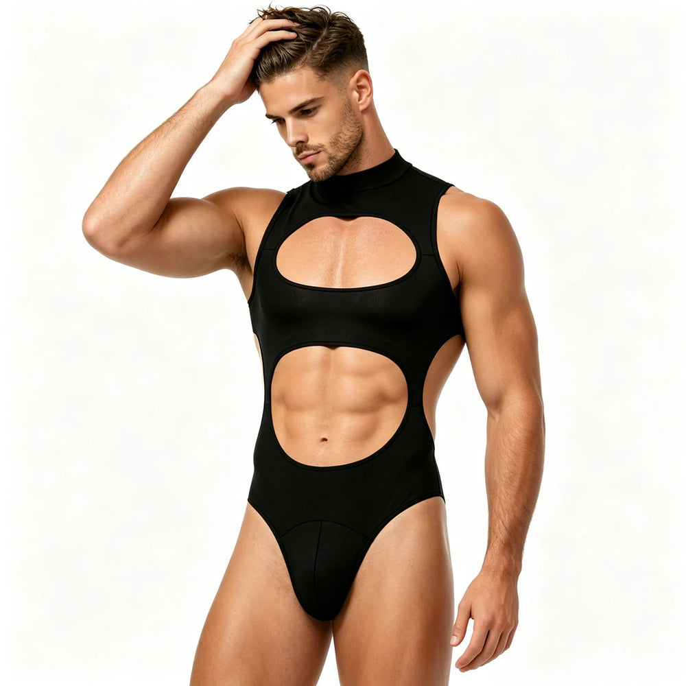 Model wearing a black sleeveless bodysuit with large oval chest and abdomen cutouts