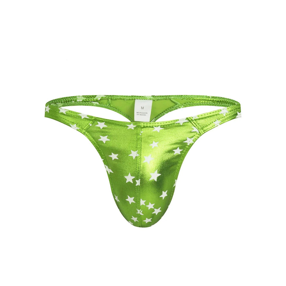 Green star-print thong with a slim waistband and contoured front pouch