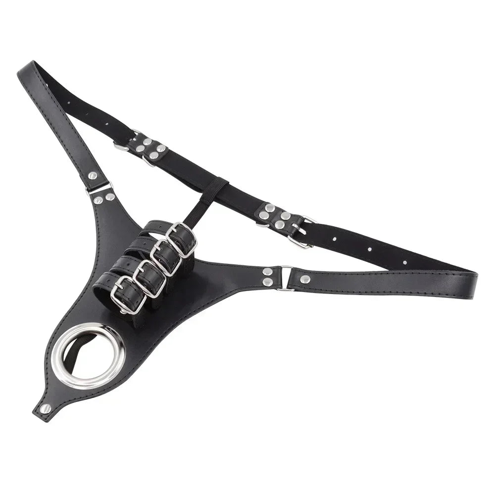 Black leather-look BDSM penis restraint belt with multiple buckles and a metal O-ring
