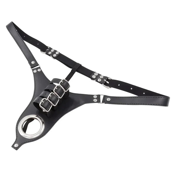 Black leather-look BDSM penis restraint belt with multiple buckles and a metal O-ring