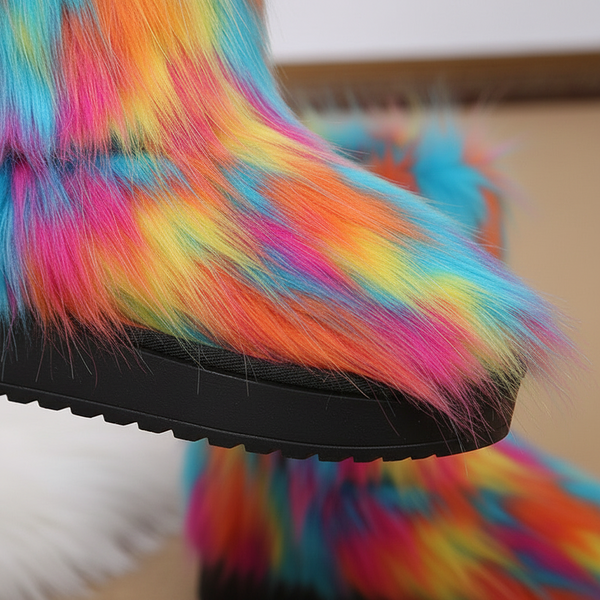 Close-up side view of a rainbow faux-fur boot with a black lug sole