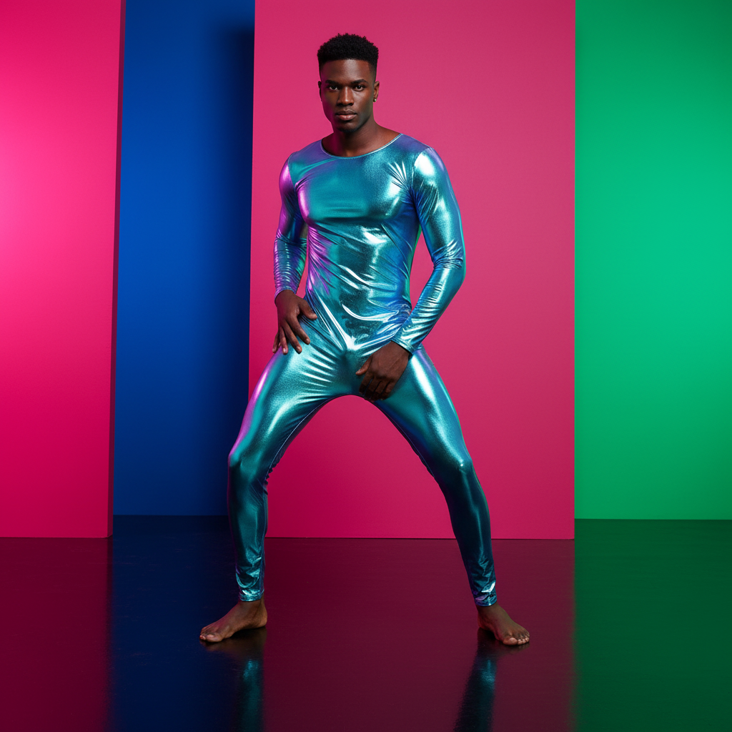 Front-facing model wearing a long-sleeved metallic turquoise full-body bodysuit