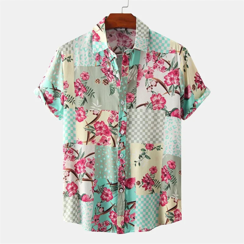 Short-sleeve Hawaiian shirt with turquoise patchwork checks and pink floral prints