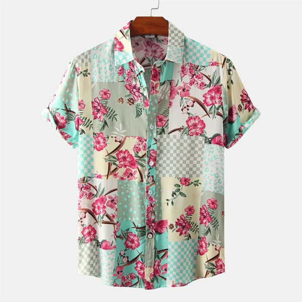 Short-sleeve Hawaiian shirt with turquoise patchwork checks and pink floral prints