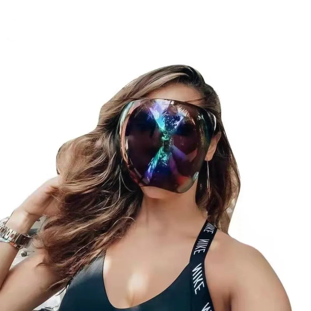 Model wearing a reflective rainbow full-face rave mask with long brown hair
