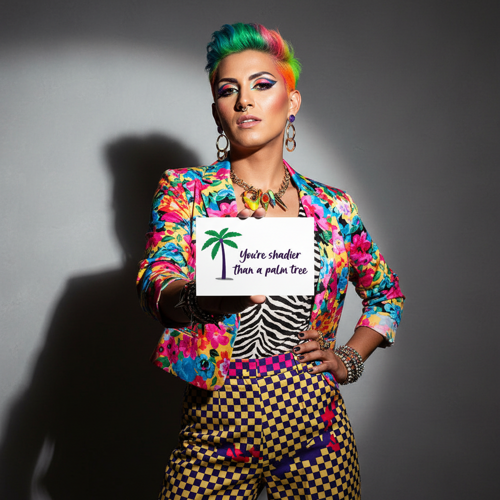 Shadier Than A Palm Tree Postcard held by a person with rainbow hair, bold makeup, vivid prints, chunky jewelry