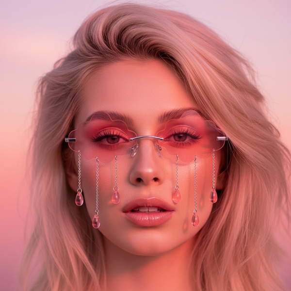 A person with long blonde hair wears Shady Cloud Sunglasses with pink lenses and teardrop gems