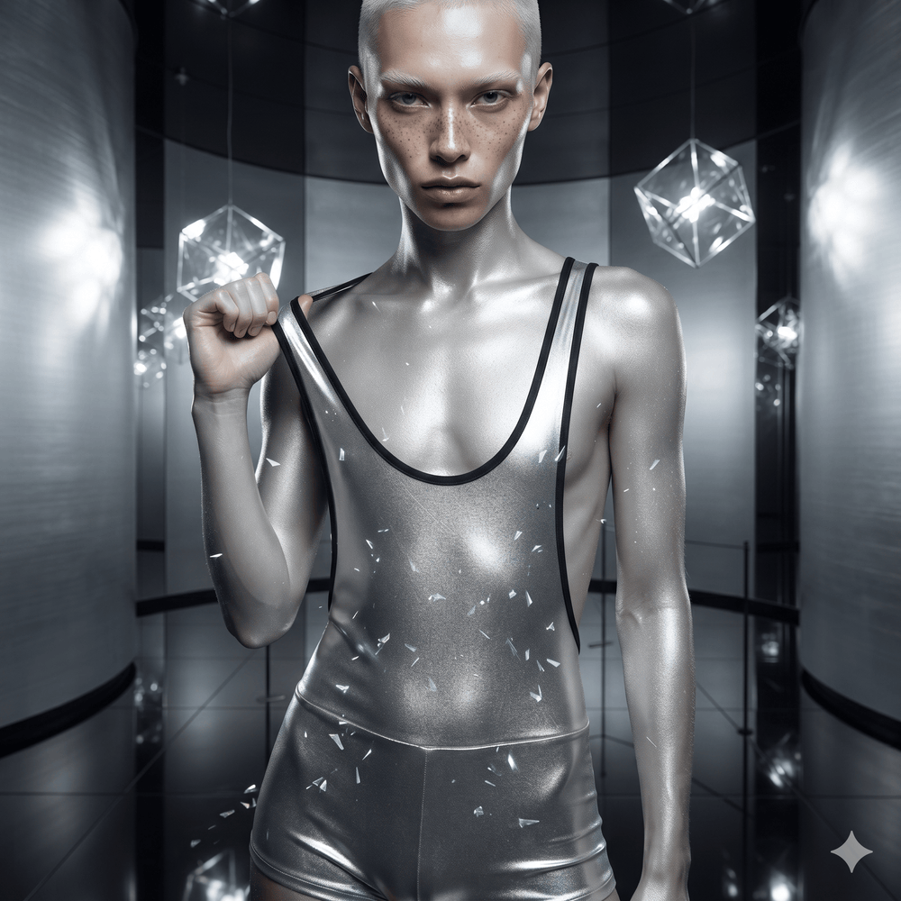 Front-facing model in a metallic silver sleeveless jumpsuit with a deep scoop neck