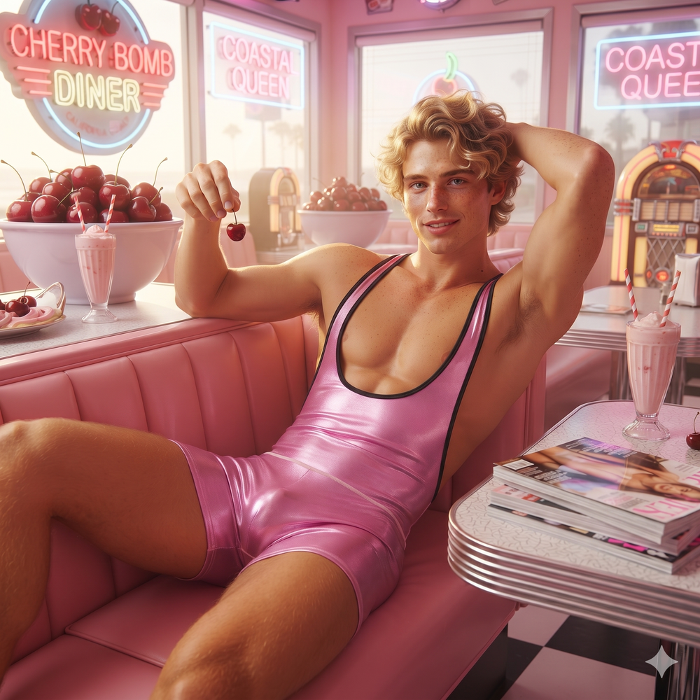 Person reclining in a pink sleeveless jumpsuit at a retro diner, holding a cherry