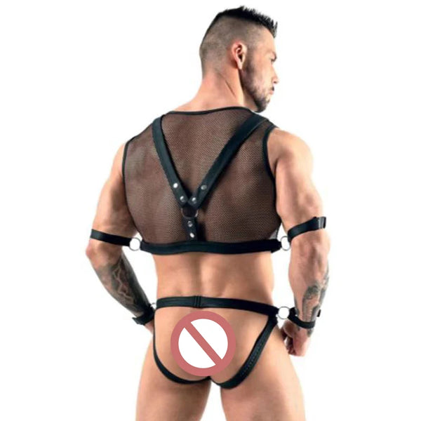 Rear view of a man modeling a sheer black mesh harness with arm and waist straps