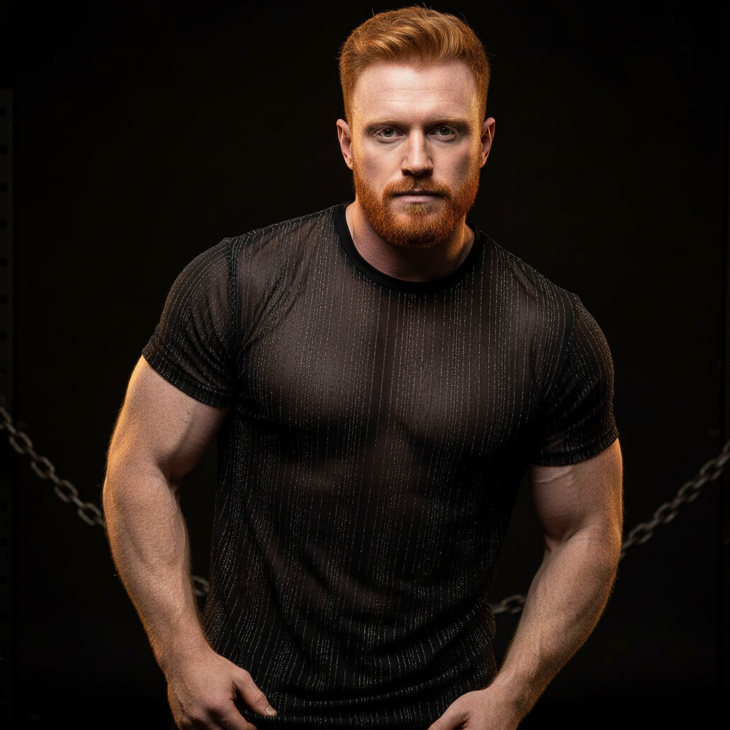 Front-facing bearded person wearing a sheer black short-sleeve top against a dark background