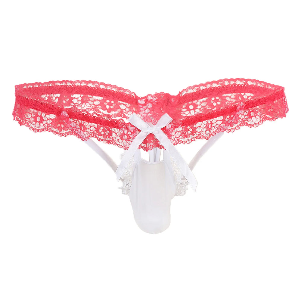 Front view of pink sheer lace briefs with scalloped edges, white bow, and white pouch