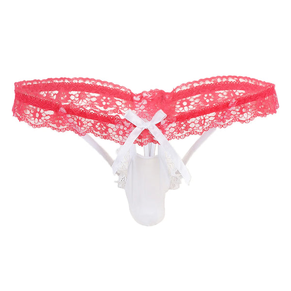 Front view of pink sheer lace briefs with scalloped edges, white bow, and white pouch