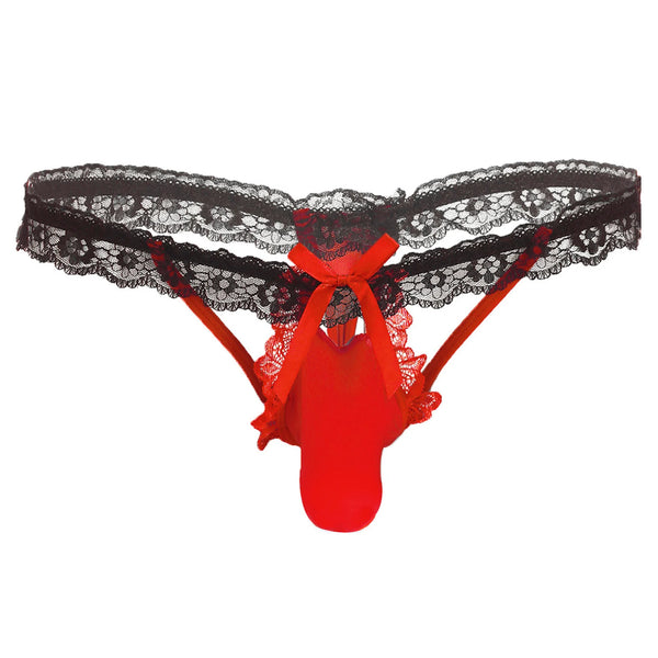 Front view of black floral lace briefs with red trim, bow, and a front opening