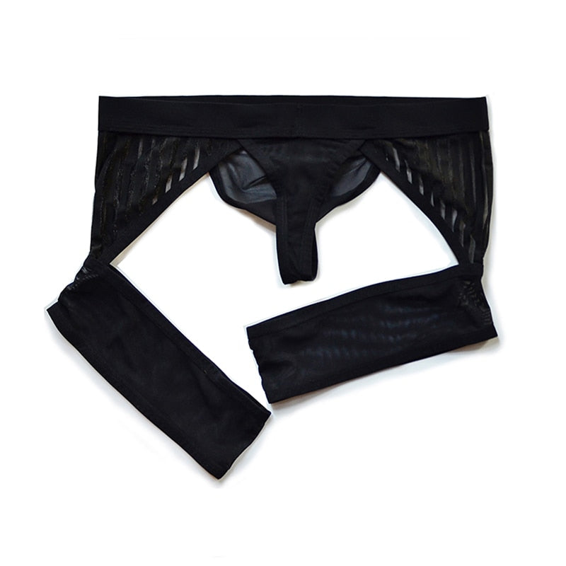 Black sheer mesh thong laid flat, with open sides and a narrow front pouch