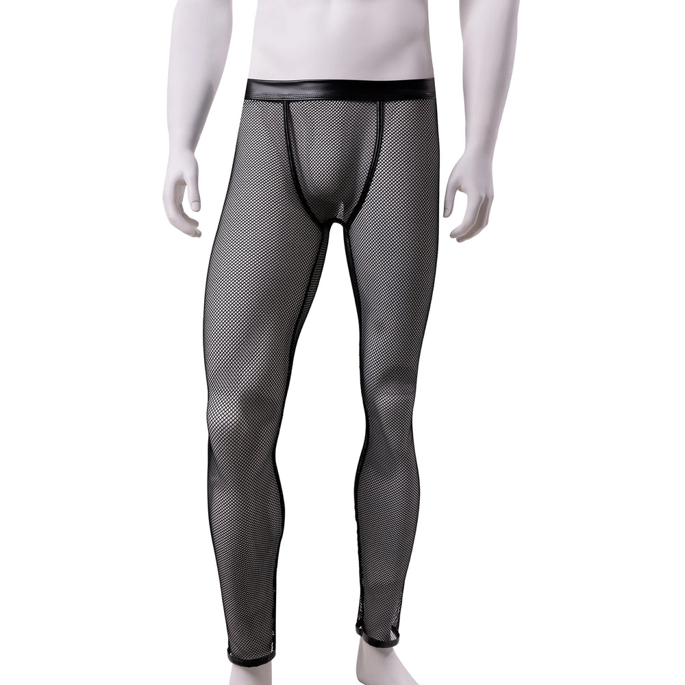 Front view of a mannequin wearing black sheer mesh trousers with a faux-leather waistband