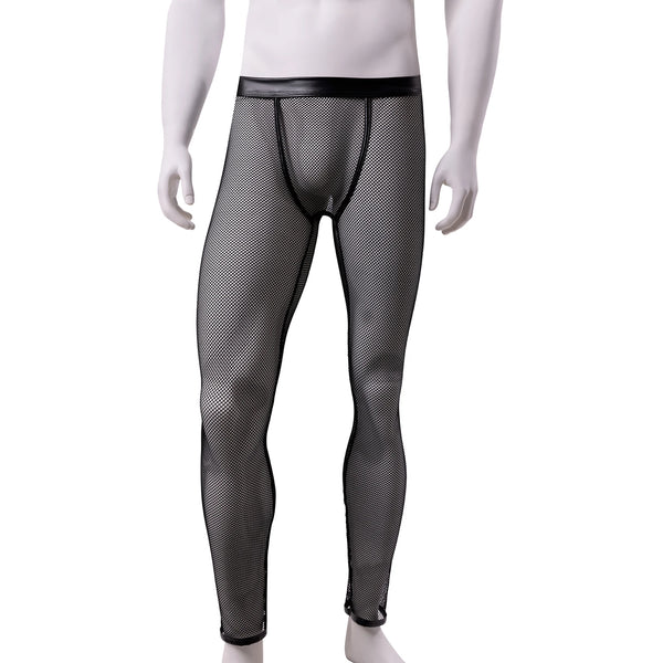 Front view of a mannequin wearing black sheer mesh trousers with a faux-leather waistband