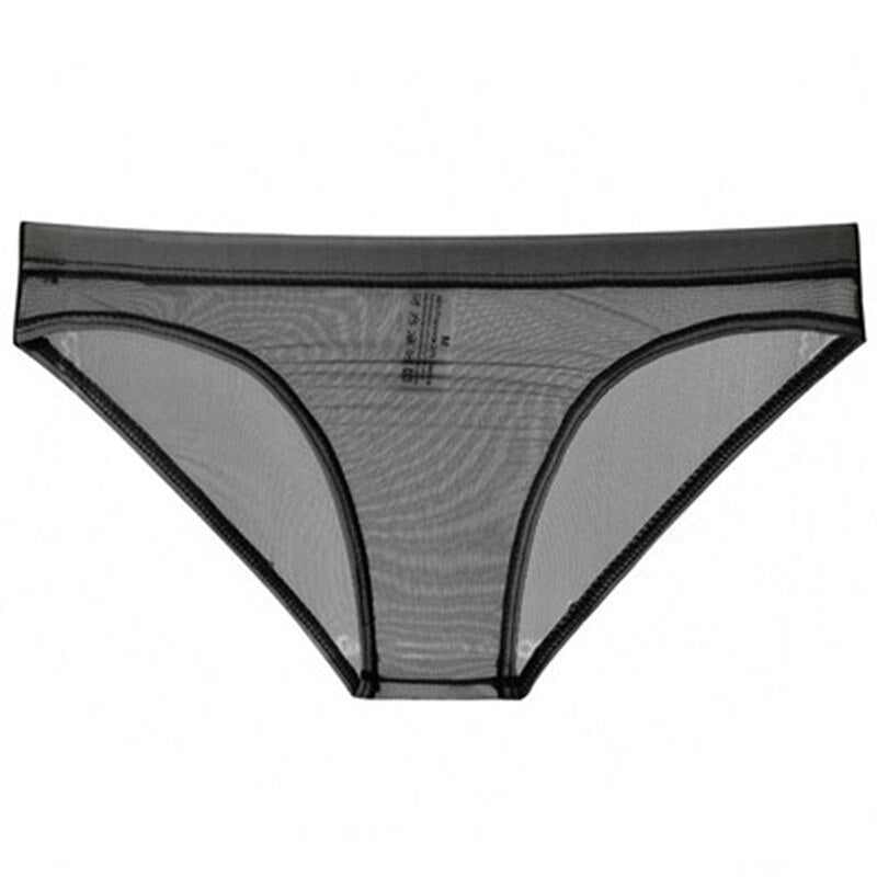 Front view of black sheer mesh briefs with opaque trim and waistband