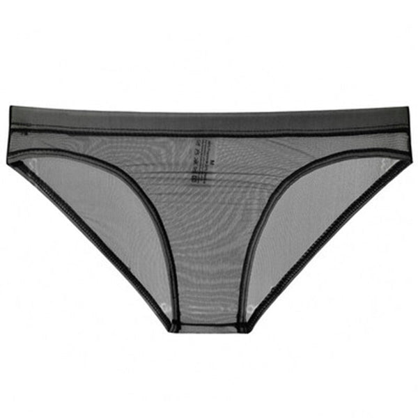 Front view of black sheer mesh briefs with opaque trim and waistband