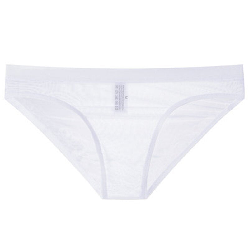 Front view of white sheer mesh skinny briefs laid flat on a white background