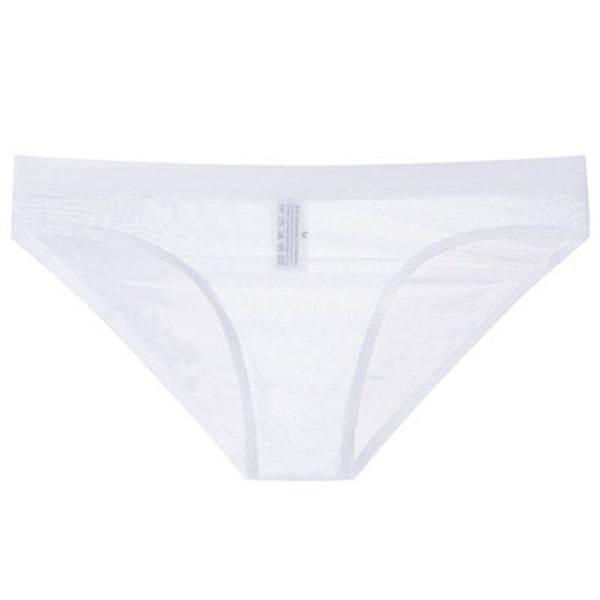 Front view of white sheer mesh skinny briefs laid flat on a white background