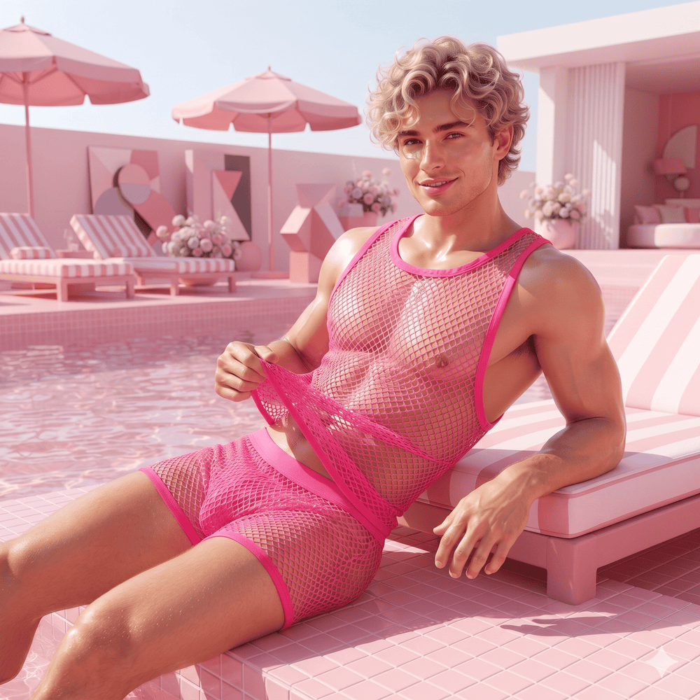 Front view of a person in a sheer pink mesh tank top by a pool