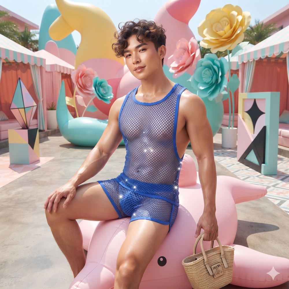 Front view of a person wearing a sheer blue mesh sleeveless tank top and matching briefs