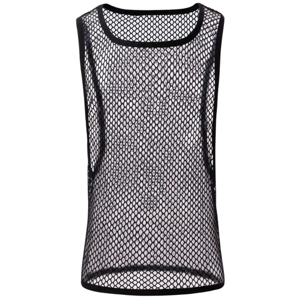 Front view of a black sheer diamond-mesh sleeveless tank top on white