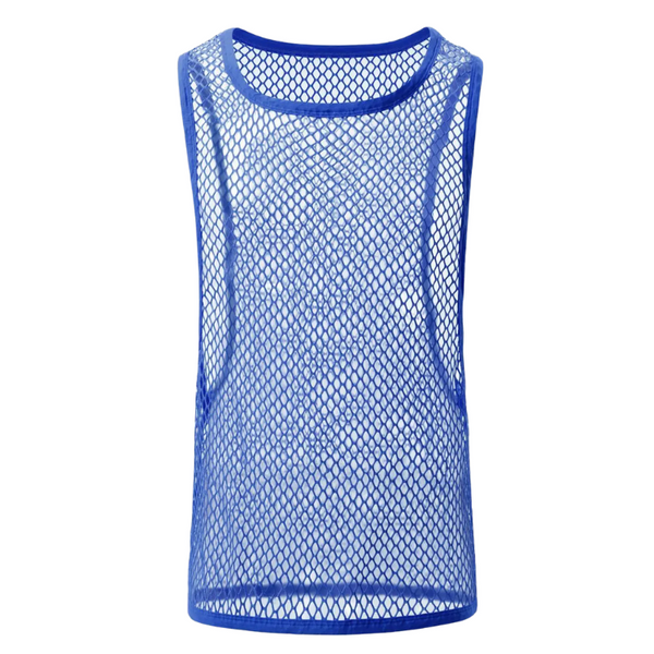 Front view of a bright blue sheer diamond-mesh sleeveless tank top