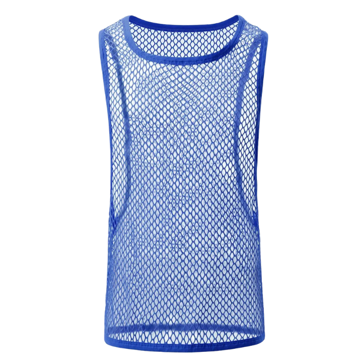 Front view of a bright blue sheer diamond-mesh sleeveless tank top