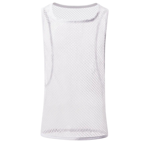 White sleeveless mesh tank top shown flat against a white background