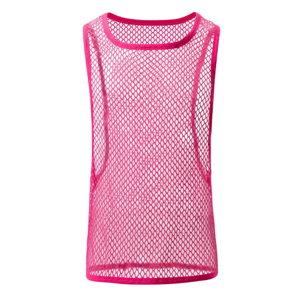 Front view of a bright pink sheer diamond-mesh sleeveless tank top