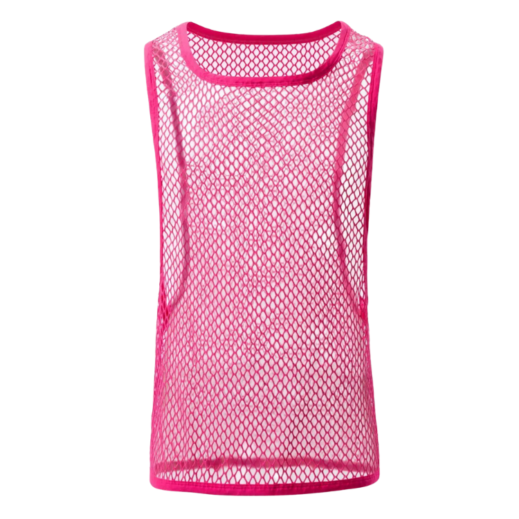 Front view of a bright pink sheer diamond-mesh sleeveless tank top