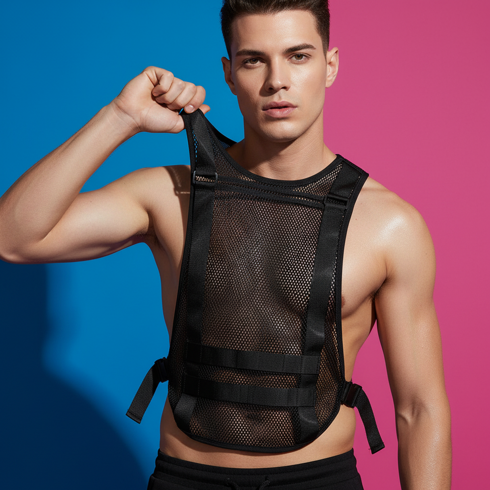 Front view of a person wearing a black sheer mesh sleeveless top with straps