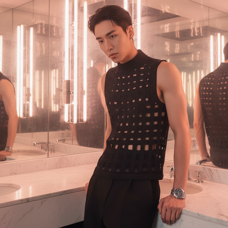 Black Sheer Vibe Tank Top and black trousers on a person, serving confidence by a marble bathroom counter under warm lights