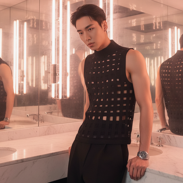 Black Sheer Vibe Tank Top and black trousers on a person, serving confidence by a marble bathroom counter under warm lights