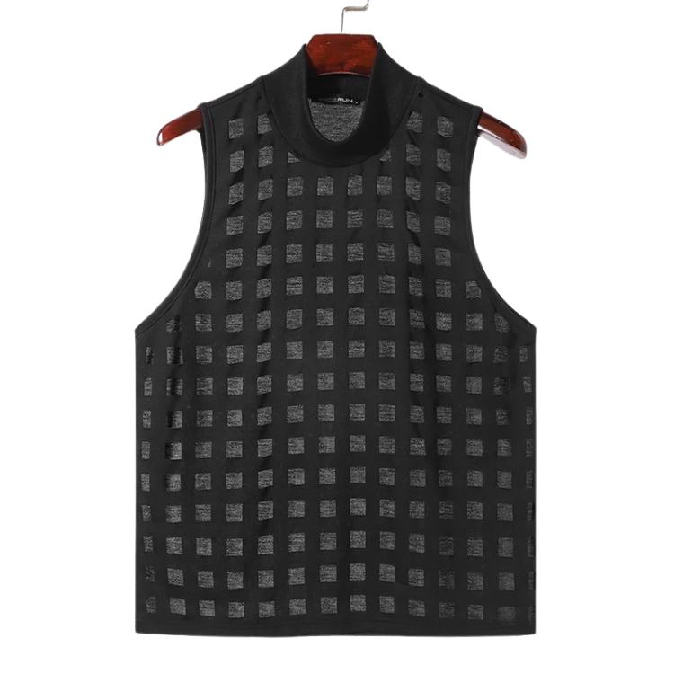 Front view of a black sheer tank top with a grid of translucent square cutouts on a hanger