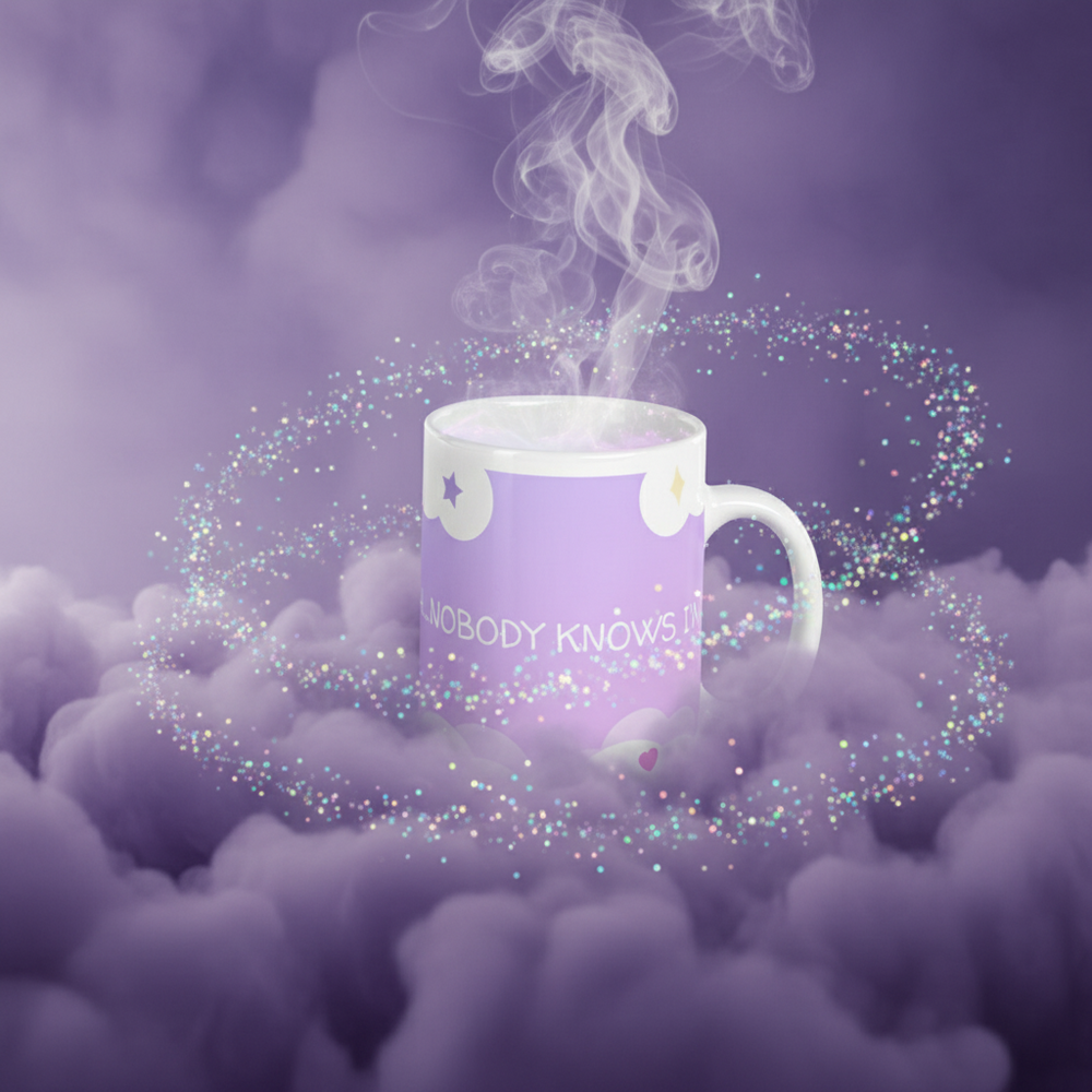 Dreamy pastel-purple SHHHH. Nobody Knows I'm Gay mug in fluffy lavender clouds with sparkles