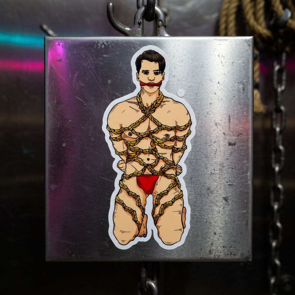 Shibari Bubble-Free Sticker shows a kneeling figure in red undies