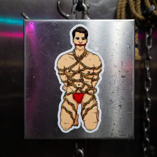 Shibari Bubble-Free Sticker shows a kneeling figure in red undies