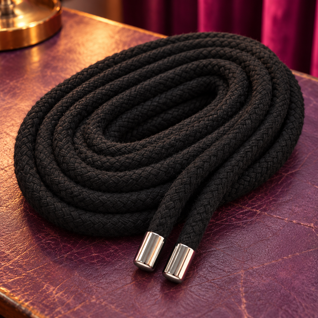 Black cotton bondage rope coiled on a plum workbench, with its two silver-capped ends visible.
