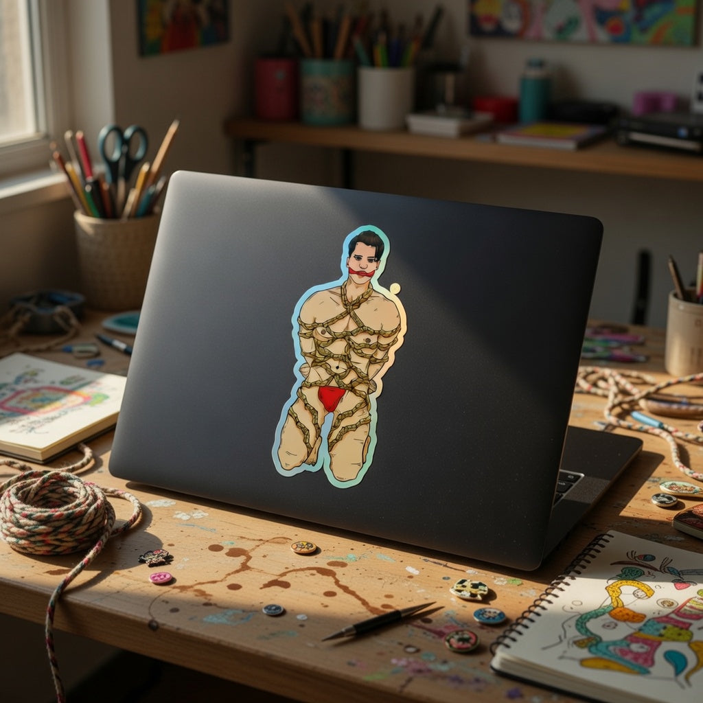 Shibari Holographic Sticker on black laptop shows cartoon person in red briefs and rope bondage