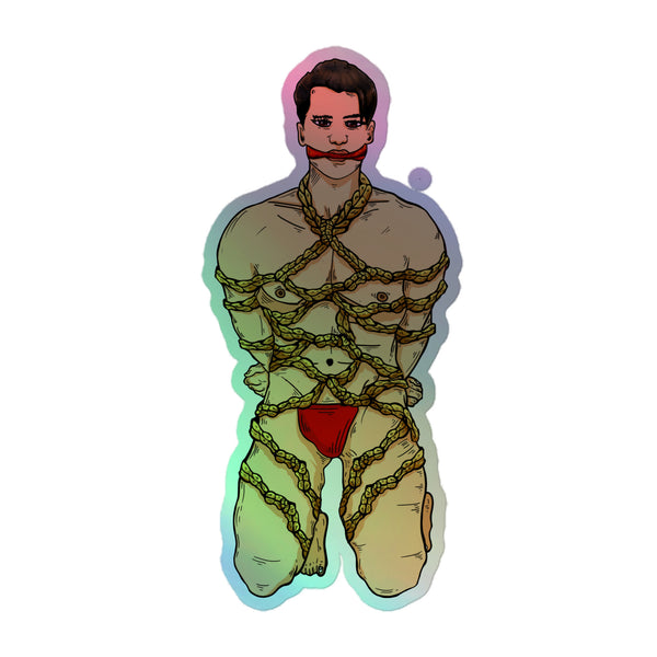 Illustrated shibari sticker of a nude figure bound in rope and wearing red briefs