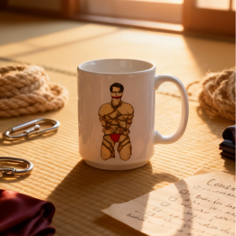 White mug with a bound, blindfolded figure illustration on a sunlit tatami mat